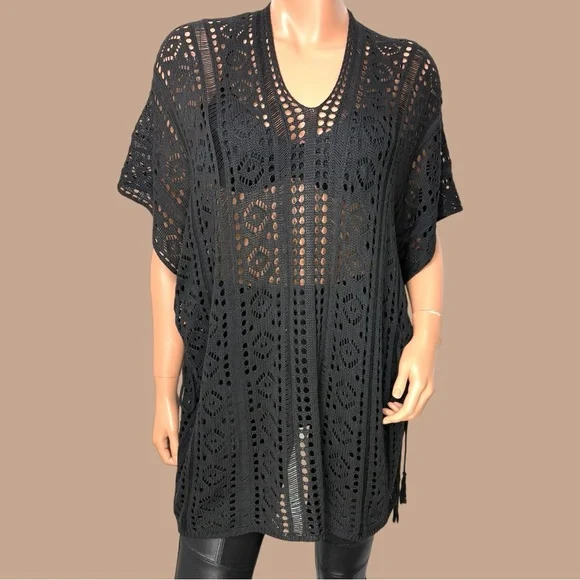 90s Black Open Knit Lace Crochet Tunic M/ L Side Cinch Y2K Dark Fairy WimsiGoth - Picture 11 of 11